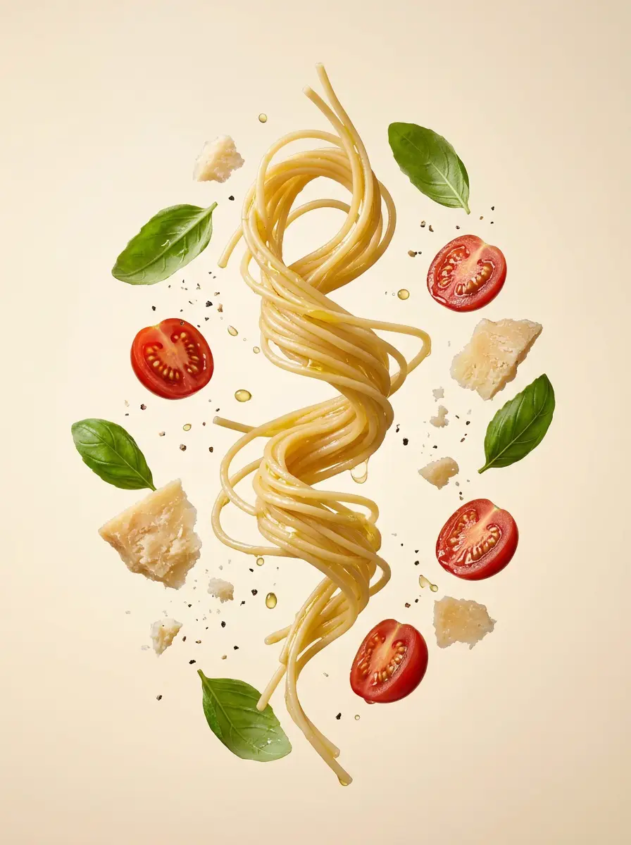 Espiral de spaghetti abierta con tomate, camarón, pasta y salsas
