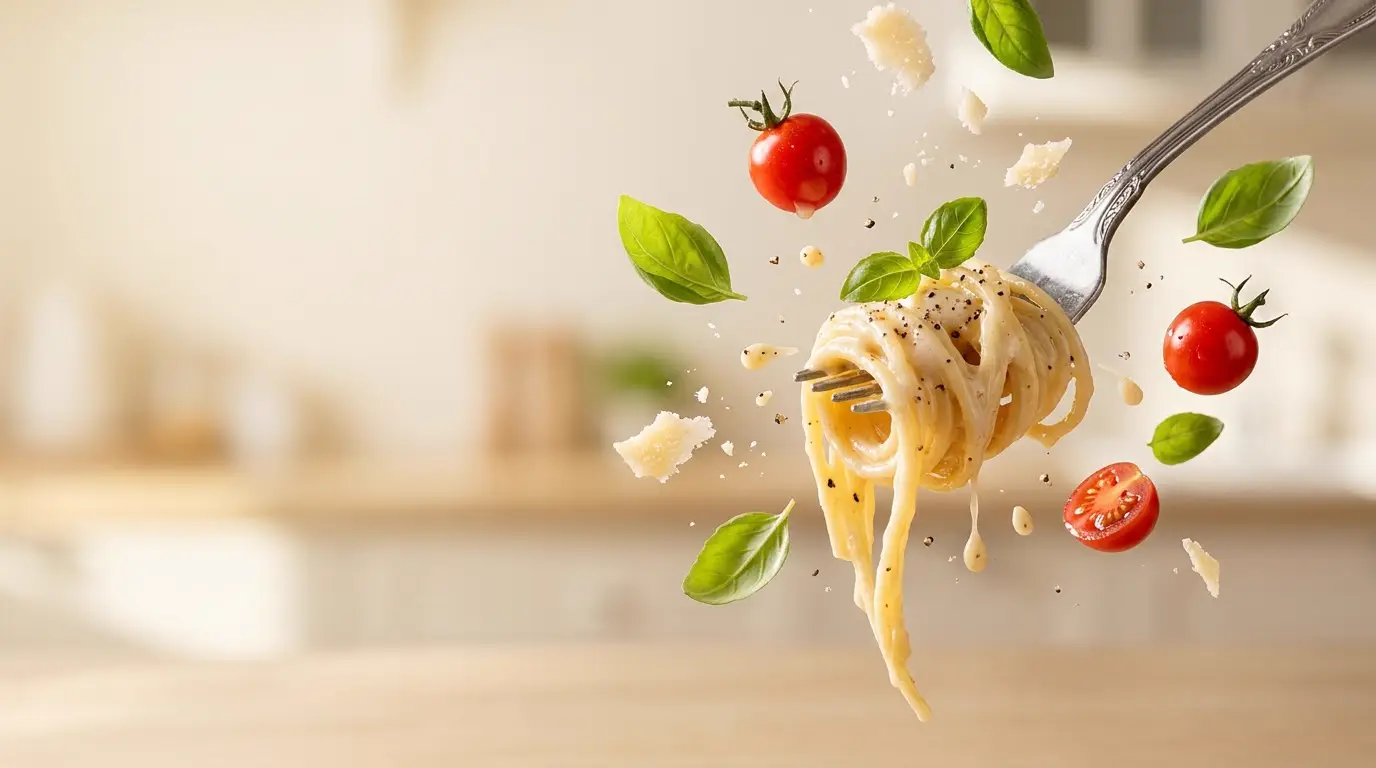 Tenedor con espiral de pasta, camarón y salsa chorreando
