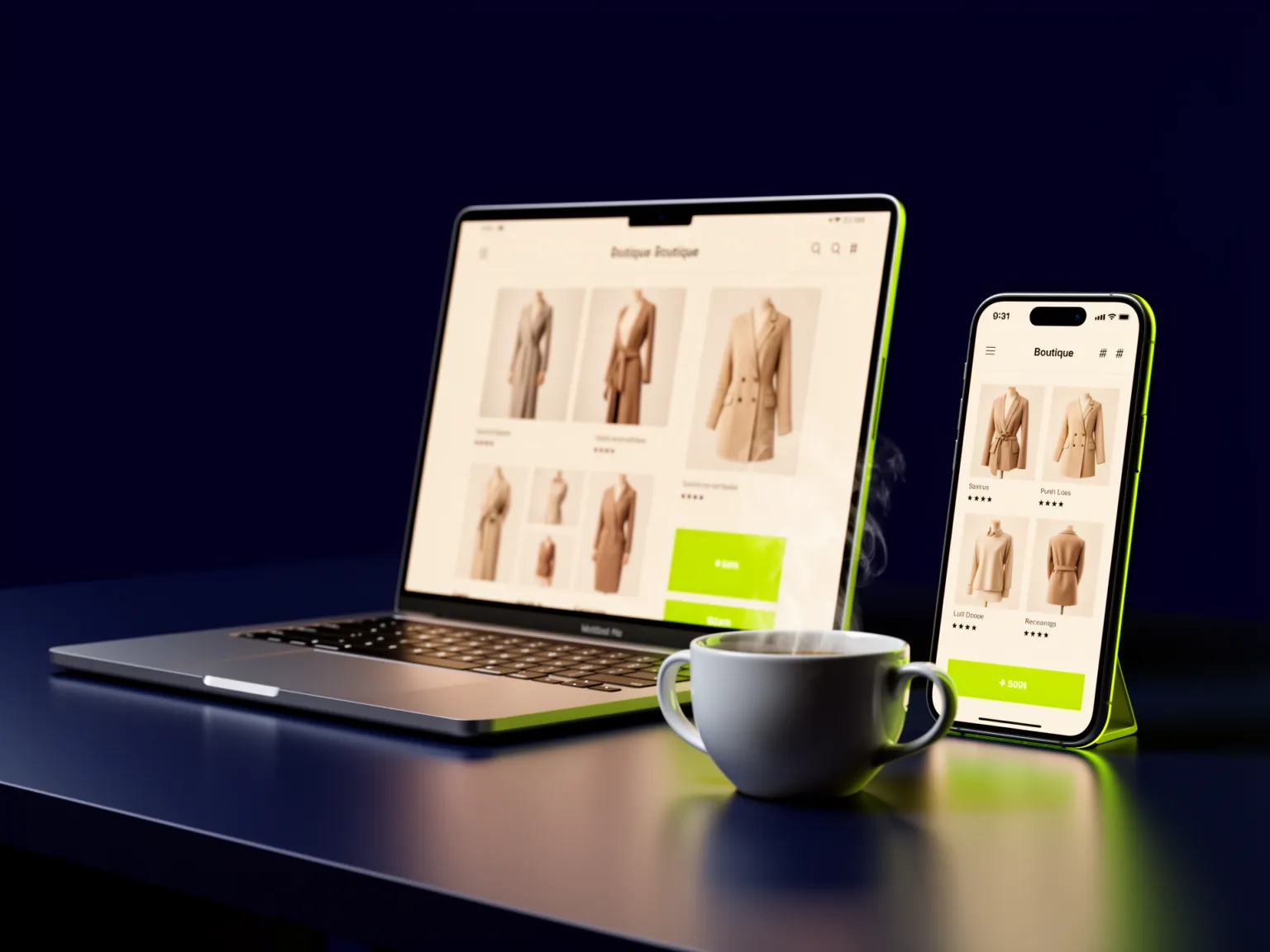 Tienda online de PaezAI vista en laptop y celular junto a una taza de café